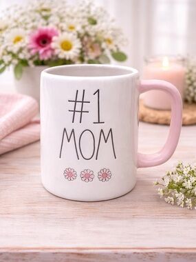 NEW Rae Dunn #1 MOM Mug Pink Handle Floral Coffee Cup Mother’s Day Gift